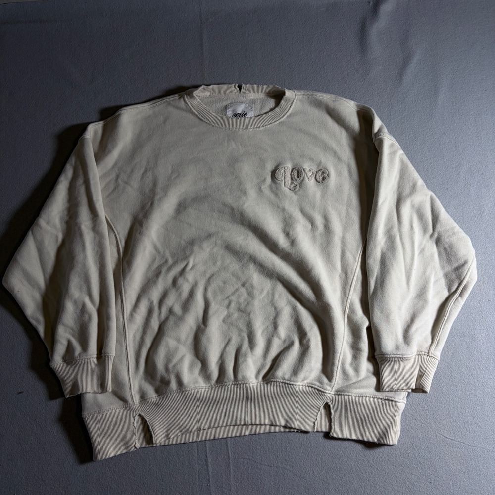 Aerie Womens Large Cream Love Embroidered Oversized Crewneck Sweatshirt Tan L